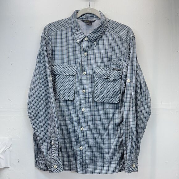 Exofficio Fishing Shirt Mens M Vented Blue White Plaid Long Sleeve Button Down - Picture 1 of 9